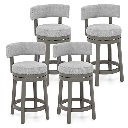 COSTWAY Bar Stool Set of 4, 27-inch 360¡ Swivel Barstool with Upholstered Back & Seat, Solid Rubber Wood Legs & Footrest, Farmhouse Counter Height Chair for Home, Bar, Cafe, Grey (4, Seat height 27ÔÕ)