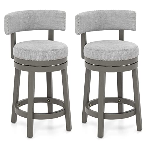 COSTWAY Bar Stool Set of 2, 27-inch 360¡ Swivel Barstool with Upholstered Back & Seat, Solid Rubber Wood Legs & Footrest, Farmhouse Counter Height Chair for Home, Bar, Cafe, Grey (2, Seat height 27ÔÕ)