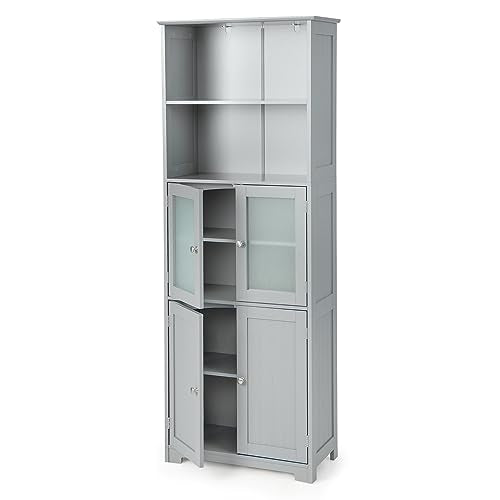 COSTWAY Tall Bathroom Storage Cabinet, Freestanding Kitchen Pantry Cabinet with Glass Doors and Adjustable Shelf, 64Ó Wooden Linen Floor Cabinet for Bathroom, Living Room, Kitchen (Grey)