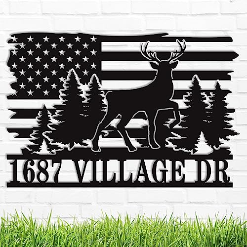 Custom Us Flag Deer Hunting Metal House Number Sign, Address Numbers For House, Personalized Deer Metal Address Sign, House Numbers For Outside,Custom Metal Signs Outdoor Personalized