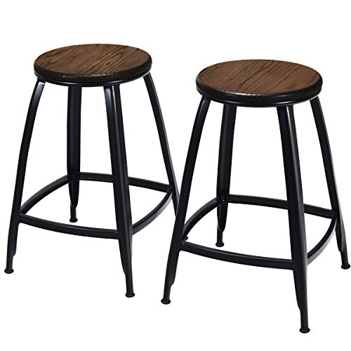 COSTWAY 30 Inch Industrial Bar Stools, Backless Elm Wood Seat Counter Height Stool with Rustproof Surface, Adjustable Feet Pads Barstool with 4-Sided Footrest for Restaurant, Home, Pub, Café (2, 30)