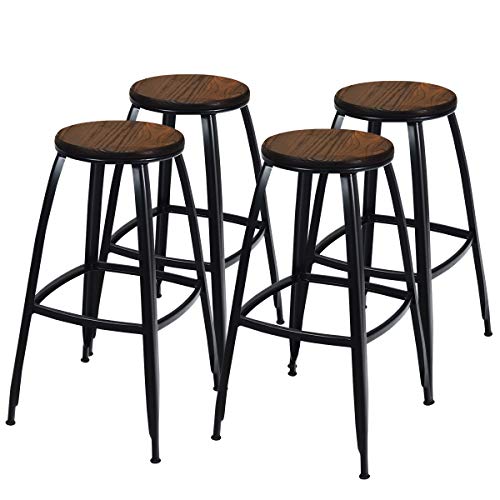 COSTWAY 30 Inch Industrial Bar Stools, Backless Elm Wood Seat Counter Height Stool with Rustproof Surface, Adjustable Feet Pads Barstool with 4-Sided Footrest for Restaurant, Home, Pub, CafŽ (4, 30)