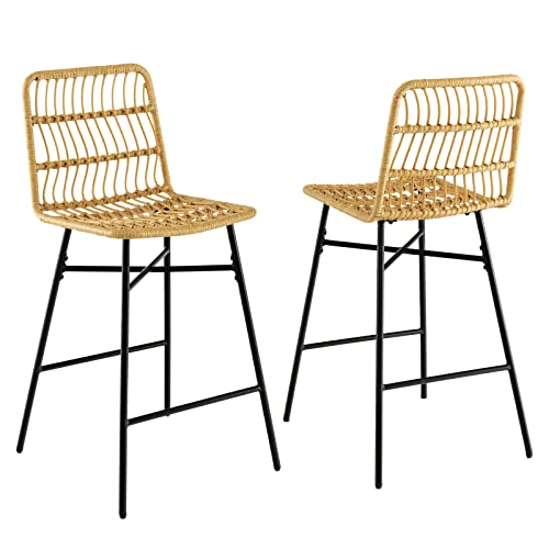 COSTWAY Rattan Bar Stools Set of 2, 27 Inches Counter Height Bar Stools with Sturdy Metal Frame, Modern Wicker Bar Stools for Kitchen Island, Easy Assembly, Natural (2)