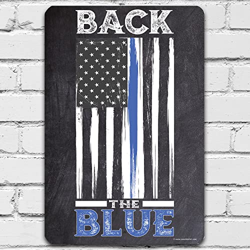 Back The Blue - Law Enforcement and Police Pride Sign, Blue Black Flag Decor, Great Gift for Officer Retirements and Deputy Sheriffs, 12x18 Use Indoors or Outdoors Durable Chalkboard Look Metal Sign