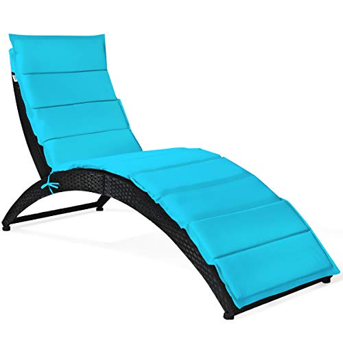 COSTWAY Folding Patio Rattan Lounge Chair Chaise Cushioned Portable Garden Turquoise