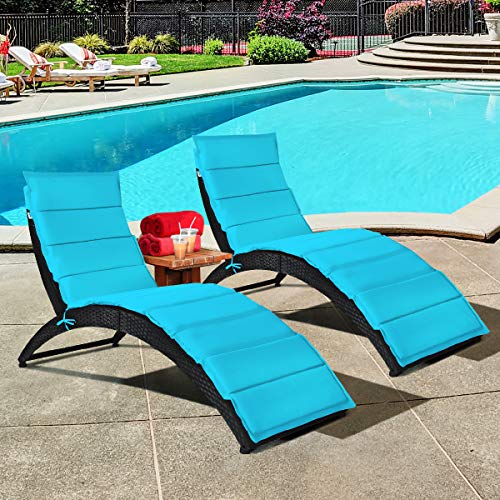 COSTWAY 2PCS Folding Patio Rattan Lounge Chair Chaise Cushioned Portable Lawn Turquoise