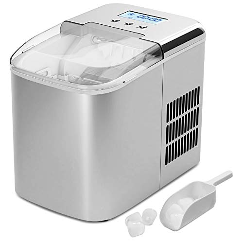 COSTWAY Countertop Ice Maker, 26LBS/24H with Self-Clean Function, LCD Display, 9 Bullet Ice/ 7 Mins, Portable and Compact Ice Machine with Ice Scoop, for Homes, Offices, Bars, Stainless Steel