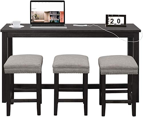 COSTWAY 4-Piece Bar Table Set with USB Interface and Power Socket, Rectangular Counter Height Dining Pub Table Set with 3 Bar Stools, Contemporary Hard Wood Breakfast Table Set for Home, Bistro