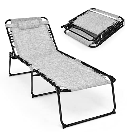 COSTWAY Folding Lounge Chaise Chair 4 Position Patio Recliner w/Pillow Sunbathe Chair Grey