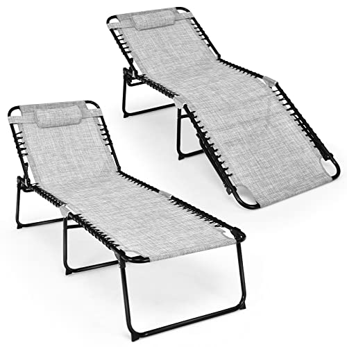 COSTWAY 2 PCS Folding Lounge Chaise Chair 4 Position Patio Recliner w/Pillow Sunbathe Chair Grey