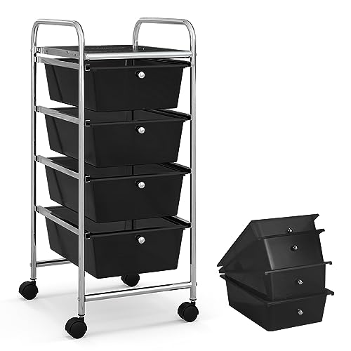 COSTWAY Rolling Storage Cart with 4 Drawers, Plastic Storage Cart and Organizer w/ 4 Removable Drawers, Multipurpose Organizer Cart for Home Scrapbook Paper Office School Tools (Black)