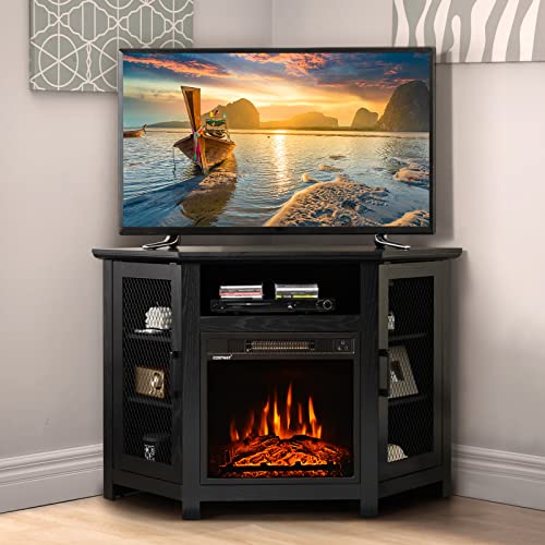 COSTWAY Fireplace Corner TV Stand for TVs Up to 50 Inches, Modern Electric Fireplace Entertainment Center with Remote Control, 3 Brightness, Overheat Protection (Black)