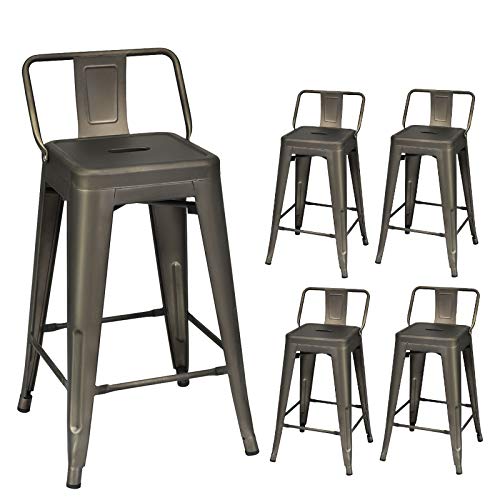 COSTWAY Metal Bar stools Set of 4, with Removable Back, 24'' Counter Height Stools with Rubber Feet, Stylish and Modern Chairs, for Kitchen, Dining Rooms, and Side Bar (Gun, 24'')