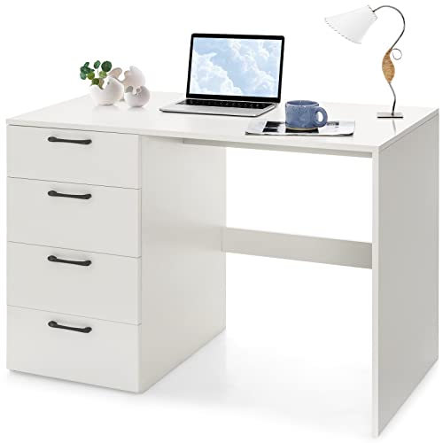 COSTWAY White Computer Desk with 4 Large Drawers, Home Office PC Desk Workstation for Writing, Modern Computer Table for Bedroom, Study, Living Room