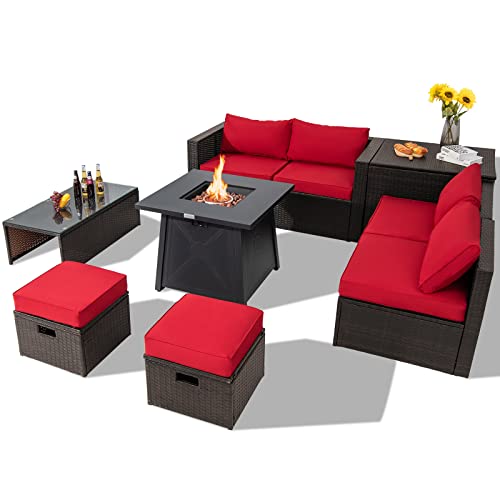 COSTWAY 9PCS Patio Rattan Furniture Set Space Saving 30" Fire Pit Table Red Cover