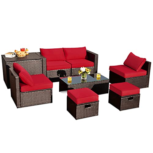 COSTWAY 8PCS Patio Rattan Furniture Set Space-Saving Storage Cushion W/Cover Red