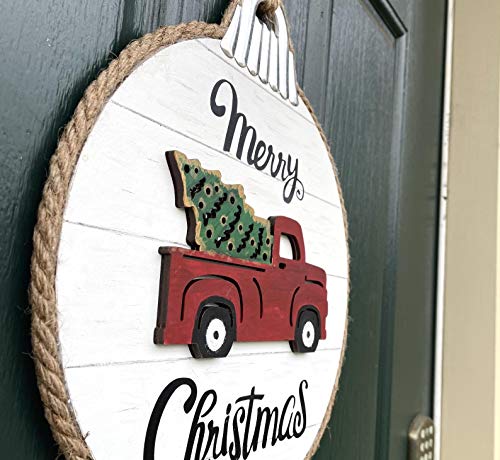 Red Truck Christmas Tree White 3D Rustic Door Large ornament Sign Farmhouse Christmas Decor Door Hanger round 10.5"