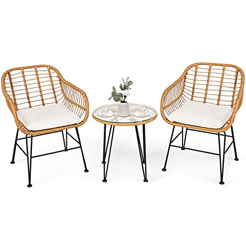 COSTWAY 3PCS Patio Rattan Bistro Furniture Set Cushioned Chair Table White