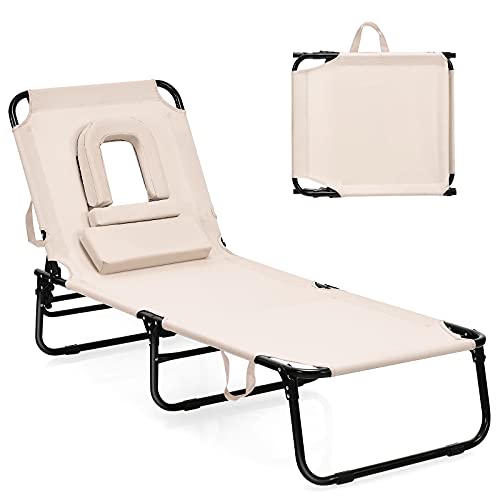 COSTWAY Folding Chaise Lounge Chair Bed Adjustable Patio Beach Camping Recliner Beige