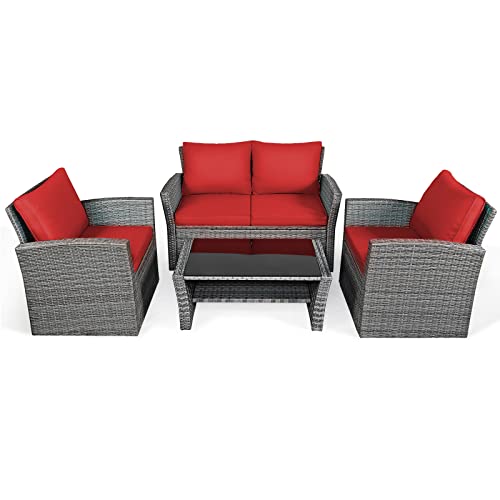 COSTWAY 4PCS Patio Rattan Furniture Set Sofa Table W/Storage Shelf Red Cushion