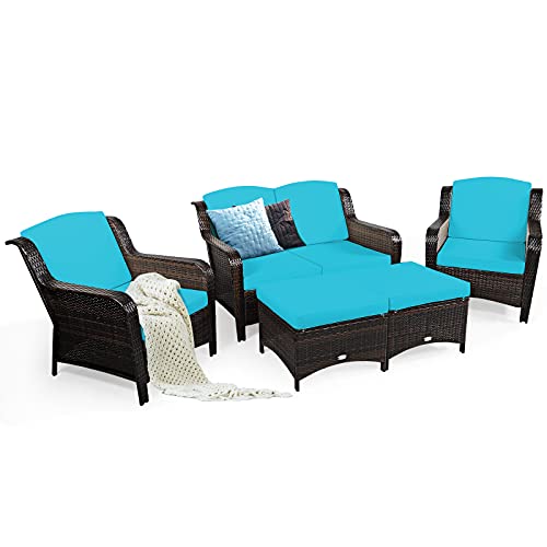 COSTWAY 5PCS Patio Rattan Furniture Set Loveseat Sofa Ottoman Turquoise Cushion