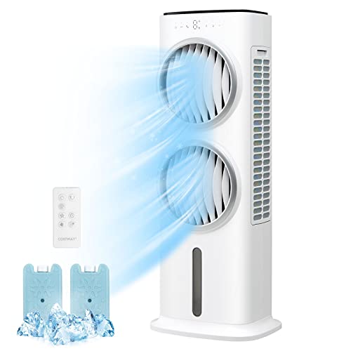 COSTWAY Evaporative Air Cooler, with Remote Control, 3-in-1 Portable Quiet Swamp Cooler with 3 Modes, 5 Speeds, 80¡ Oscillation, 9H Timer, 2.4 Gal Water Tank, 2 Ice Packs, LED Display