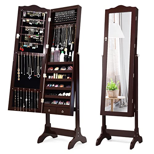 COSTWAY 14 LED Jewelry Armoire Cabinet, Freestanding Jewelry Storage Organizer with Full Length Mirror and 4 Tilting Angles, Lockable Jewelry Cabinet with Key for Bedroom, Living Room (Brown)