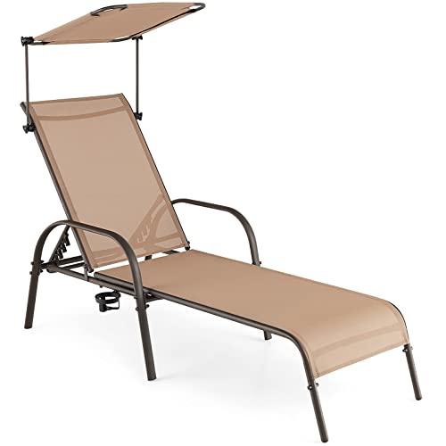 COSTWAY Patio Heavy-Duty Chaise Lounge 5-Level Adjustable Outdoor Recliner Canopy Cup