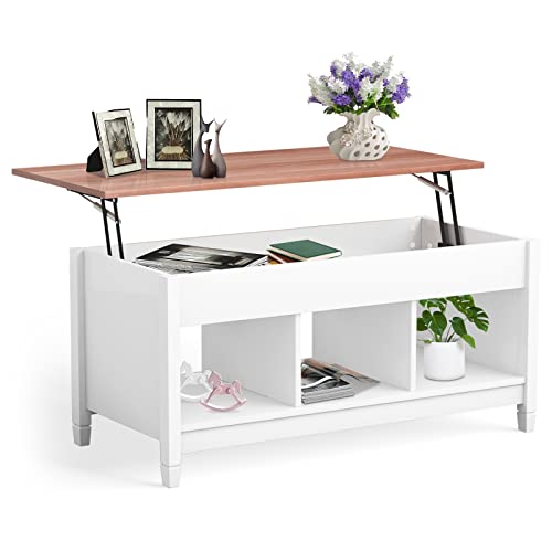 COSTWAY Lift Top Coffee Table, with Hidden Storage Compartment & 3 Open Shelves, Rectangular Cocktail Tea Table with Solid Wood Legs for Living Room Reception Room (White)