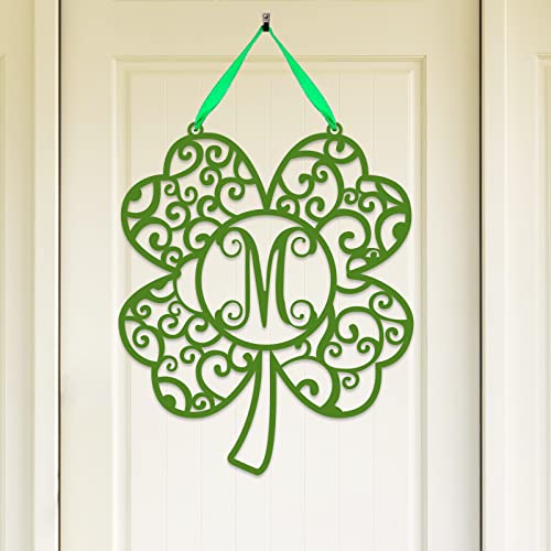 Personalized Monogram Shamrock Door Hanger with Initial Letter, Personalized St Patrick's Day Decor, Four Leaf Clover Sign, Irish Spring Metal Wreath, Personalized Metal Signs