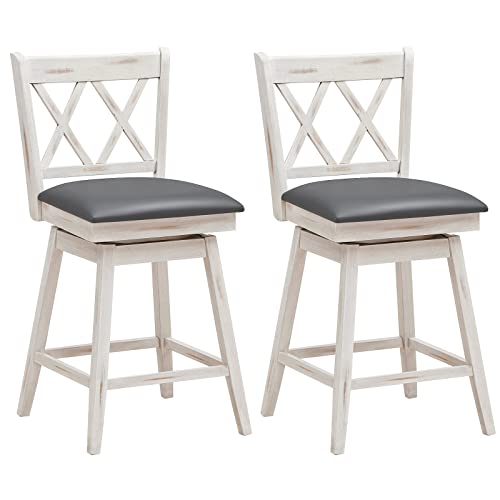 COSTWAY Bar Stool Set of 2, 360¡ Swivel Counter Height 25inch Bar Stool with Foot Rest Upholstered Cushion & Ergonomic Backrest, Sturdy Frame, for Pub, Restaurant, Home (2, Antique White + Grey)