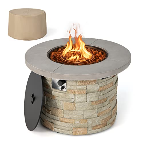 COSTWAY 36" Propane Gas Fire Pit Table, 2-in-1 Outdoor Round Fire Table W/Volcanic Rock & PVC Cover, Stainless Steel Burner, 50,000 BTU Heat Output Ideal for Backyard, Poolside