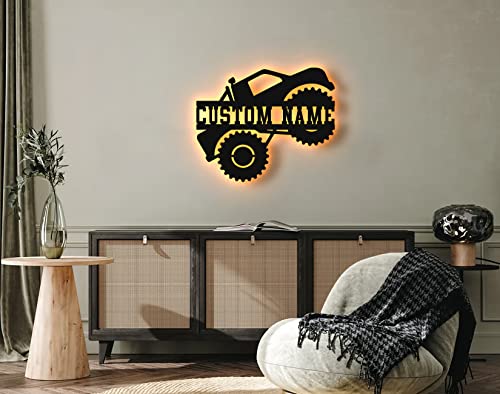 Custom Monster Truck Metal Wall Art With LED Light, Personalized Monster Truck Name Sign Decoration For Room, Monster Truck Metal LED Decor (12 inches)