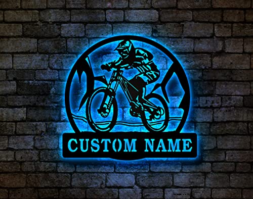 Personalized Downhill Mountain Biking Metal Sign With LED Lights, Custom Mountain Biking Metal Sign, Bicycle Sport Name Sign (8 inches)