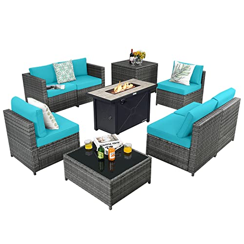 COSTWAY 9 PCS Patio Rattan Furniture Set Fire Pit Table Storage Cover Turquoise