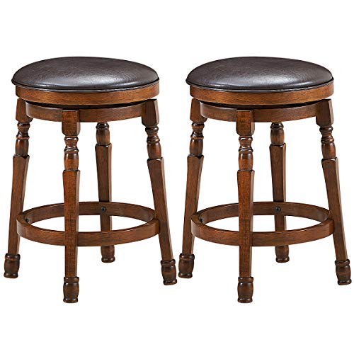 COSTWAY Backless Bar Stools Set of 2, 24-Inch Counter Height Round Stool with 360¡ Swivel Cushioned Seat, Soft PU Leather Barstool with Sturdy Natural Rubber Wood, Easy Assemble for Home Pub Cafe