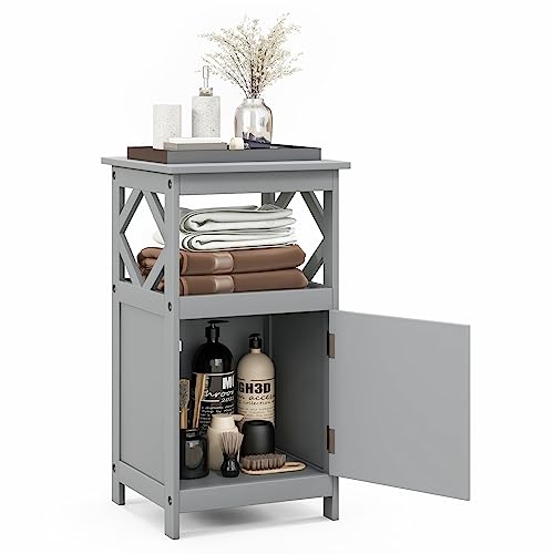 COSTWAY Bathroom Storage Cabinet, Freestanding Narrow Storage Organizer with Single Door & Open Shelf, Anti-Tippling Device, Wooden Floor Cabinet for Bathroom, Living Room, Entryway (Grey)