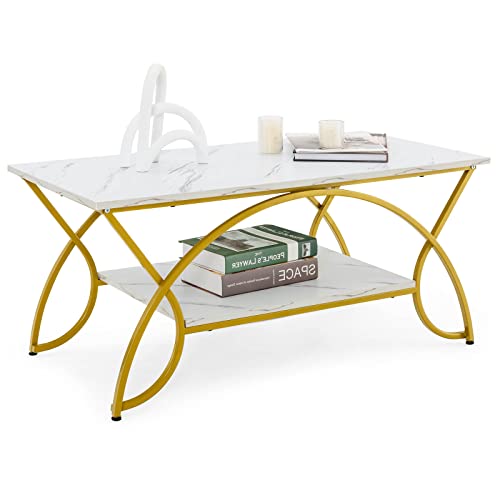 COSTWAY Marble Coffee Table, 2-Tier Modern Faux Marble Accent Table with Storage and Gold Finished Metal Frame, Chic Rectangular End Table for Living Room Office Lounge