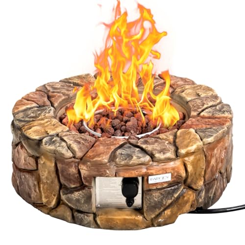 COSTWAY 28-Inch Gas Fire Pit 40,000 BTU Propane Fire Pit Outdoor with Natural Stone, Cover, Stainless-Steel Gas Burner w/Electronic Ignition Lava Rock, ETL Certification, Brown