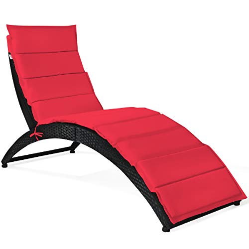 COSTWAY Folding Patio Rattan Lounge Chair Chaise Cushioned Portable Garden Lawn Red