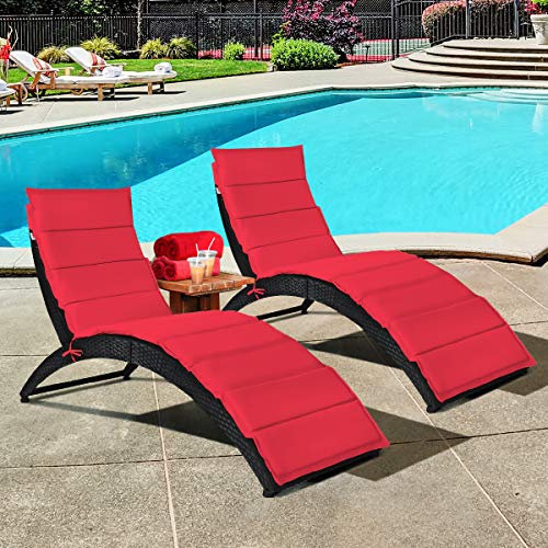 COSTWAY 2PCS Folding Patio Rattan Lounge Chair Chaise Cushioned Portable Garden Lawn Red