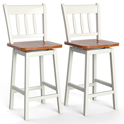 COSTWAY Bar Stools Set of 2, 24.5 Inch Rubber Wood Bar Chairs with 360¡Swiveling, Footrest, Swivel Counter Height Barstools Ideal for Kitchen Island, Counter, Pub or Bar (2, White)