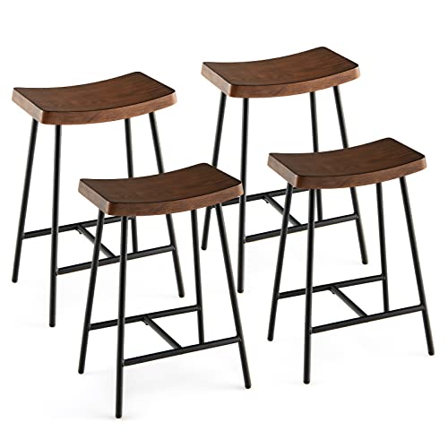 COSTWAY Bar Stools Set of 4, 24-Inch Height Industrial Saddle Stools with Footrest, Metal Legs, Adjustable Foot Pads, Backless Counter Height Chairs for Living Room Kitchen Bar, Rustic Brown and Black