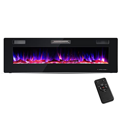 COSTWAY 60 Inches Ultra-thin Electric Fireplace, 750W/1500W Recessed & Wall Mounted Electric Fireplace with Remote Control, Timer, Log & Decorative Crystals, Adjustable Flame Color, Brightness, SpeedÊ