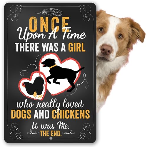 Girl Who Loved Dogs and Chicken - Funny Chicken Coop Sign, Fence and Yard Decorations, Farmhouse Heart Sign for Chicken Farm Owners and Dog Lovers, 8x12 Indoor or Outdoor Durable Metal Sign