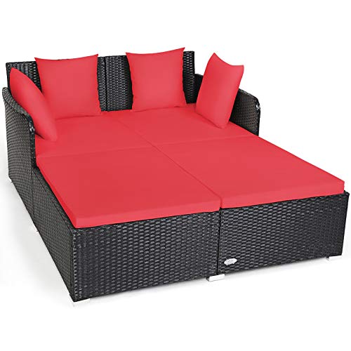 COSTWAY Outdoor Patio Rattan Daybed Thick Pillows Cushioned Sofa Furniture Red