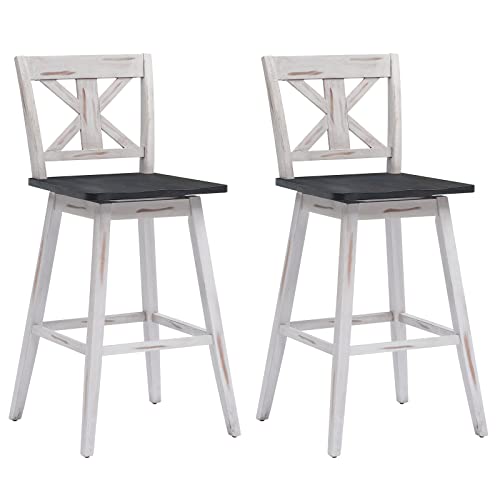 COSTWAY Bar Stools Set of 2, 360 Degree Swivel, 29-inch Height Chairs w/Non-Slip Foot Pads, Rubber Wood Bar Chairs, Vintage Bar Stools for Home, Restaurant (White)