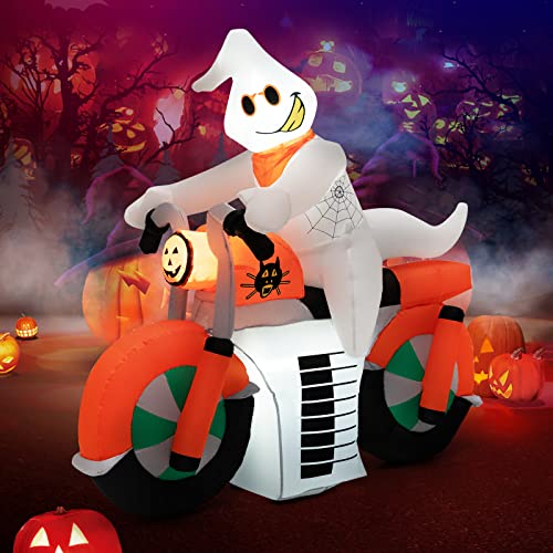 COSTWAY 5 FT Halloween Inflatable Ghost Riding on Motor Bike Yard Decor w/LED Lights