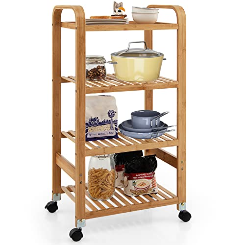 COSTWAY 4-Tier Bamboo Rolling Cart, Kitchen Utility Serving Trolley with Locking Casters, Sided Handles, Multifunctional 4-Tier Storage Rack, Mobile End Table, Kitchen Island Stand Shelf on Wheels