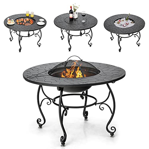 COSTWAY Patio Fire Pit Dining Table, Round Wood Burning Fire Bowl, Outdoor Fire Pit Table with Fire Bowl, Wood Grate, Spark Screen Cover, Lid and Poker, Patio, Garden, Balcony